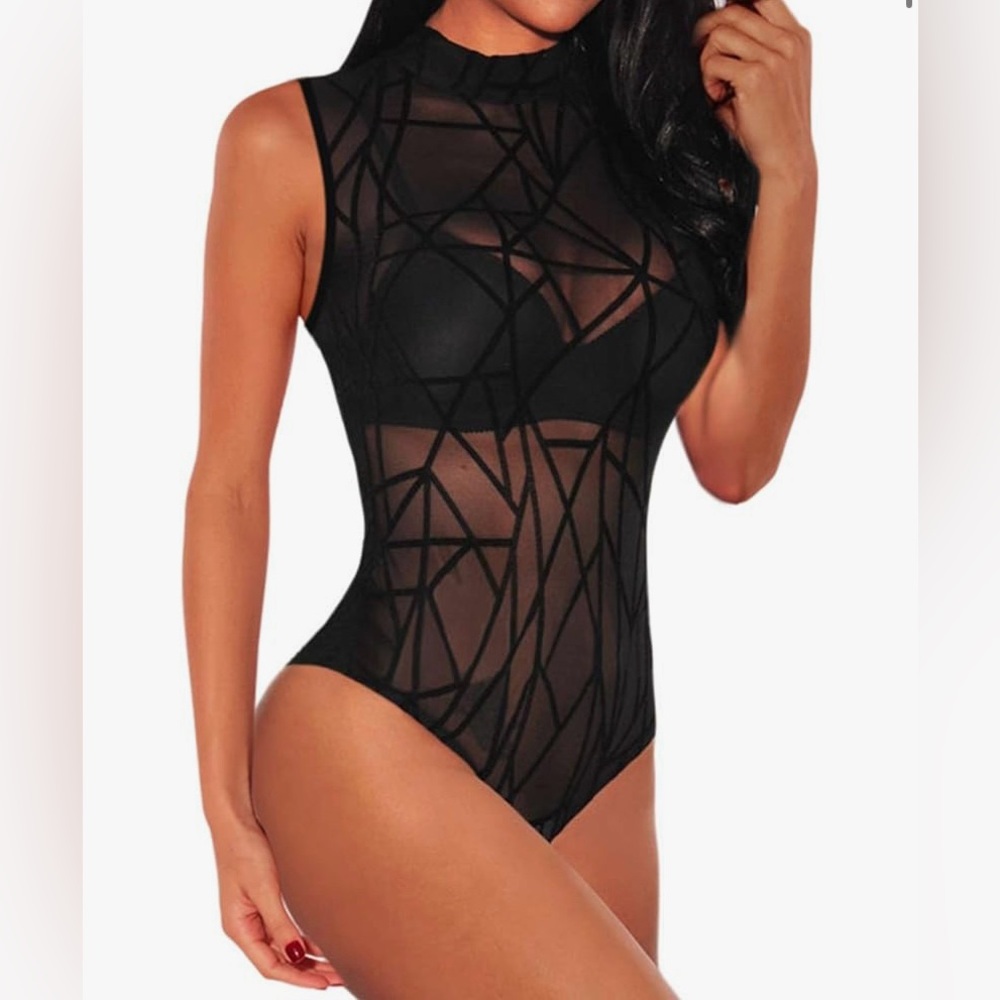 Black Geometric Sheer Bodysuit